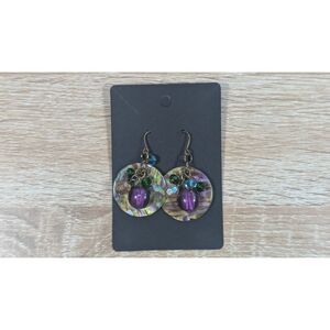 Iridescent Abalone Shell Dangle Earrings Purple Bead Boho Style